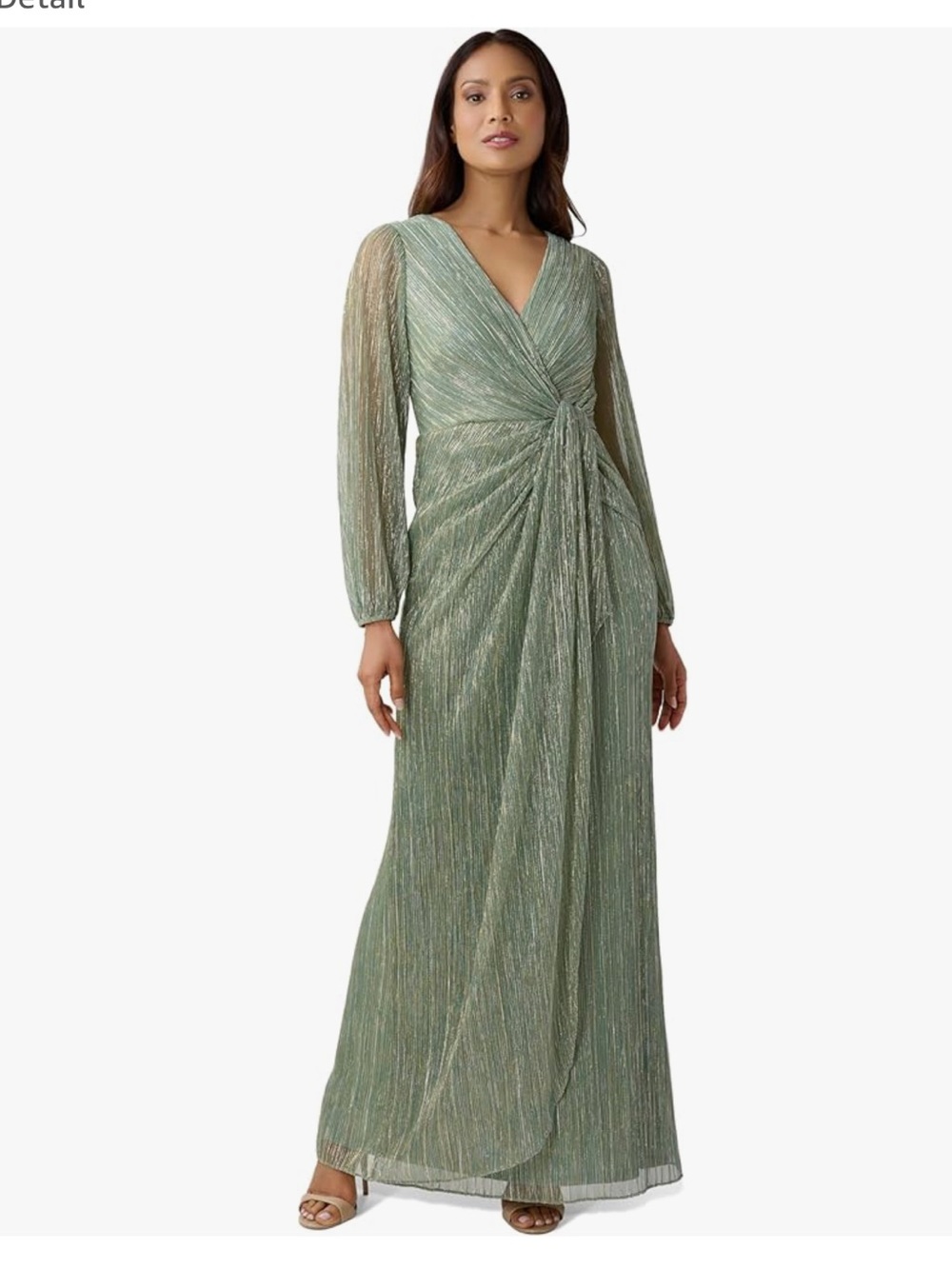 Adrianna Papell Metallic Slate Green Crinkled Mesh Draped Long Gown Size 16 New